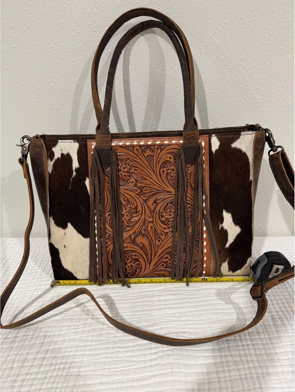 Western Cowhide Hair-On Hide Tooled Leather Fringe Tote Shoulder Bag